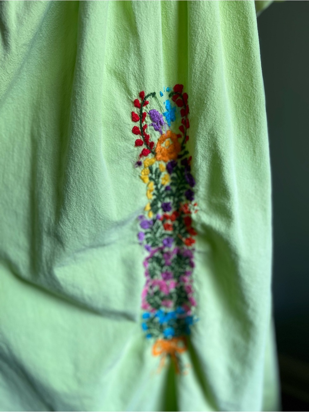Hand-Embroidered Lime Green Midi Dress with Floral Yoke M Cottage Core Boho - Picture 3 of 11
